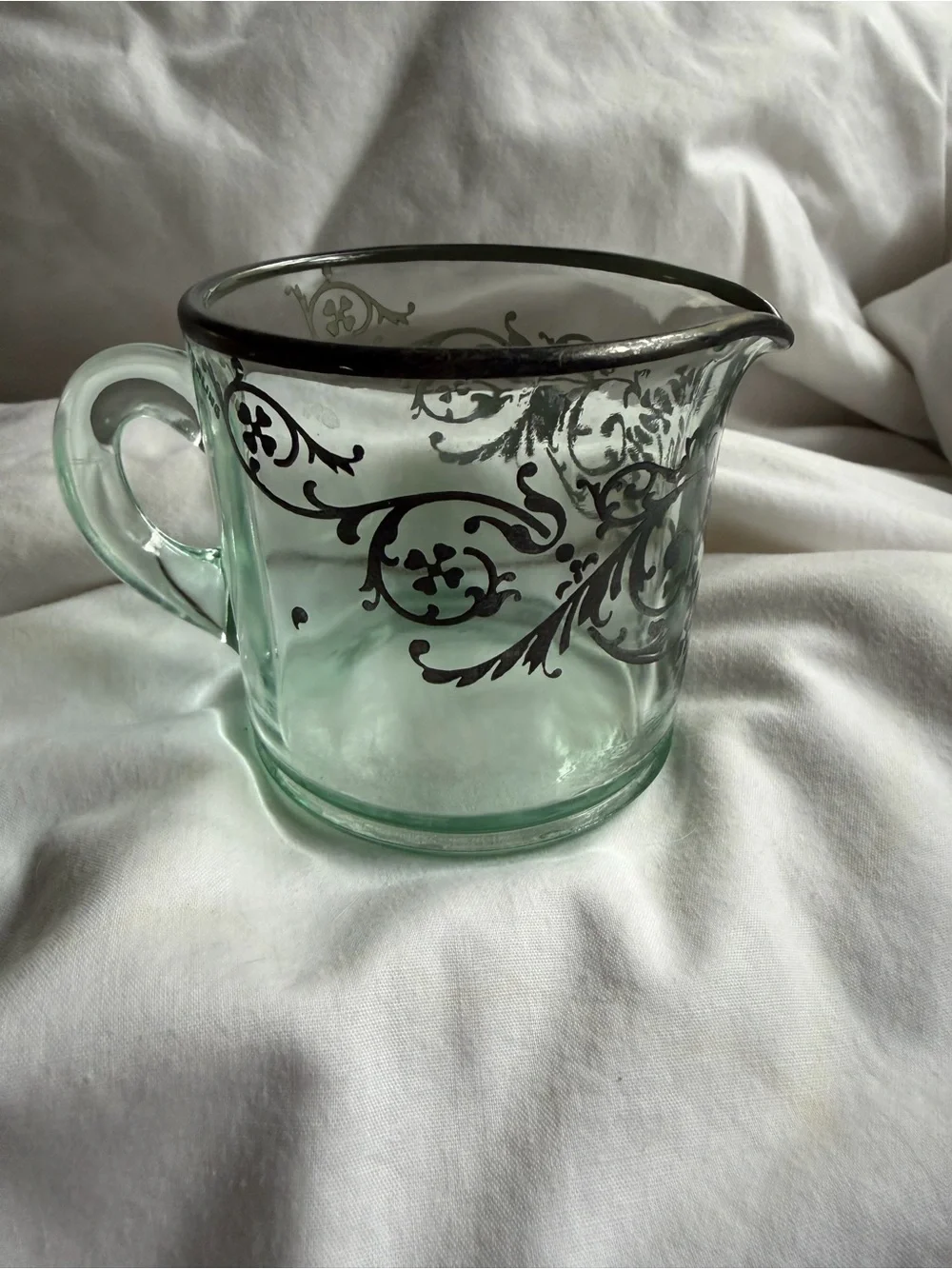 Vintage Green Glass Creamer Pitcher with sterling Silver Filigree